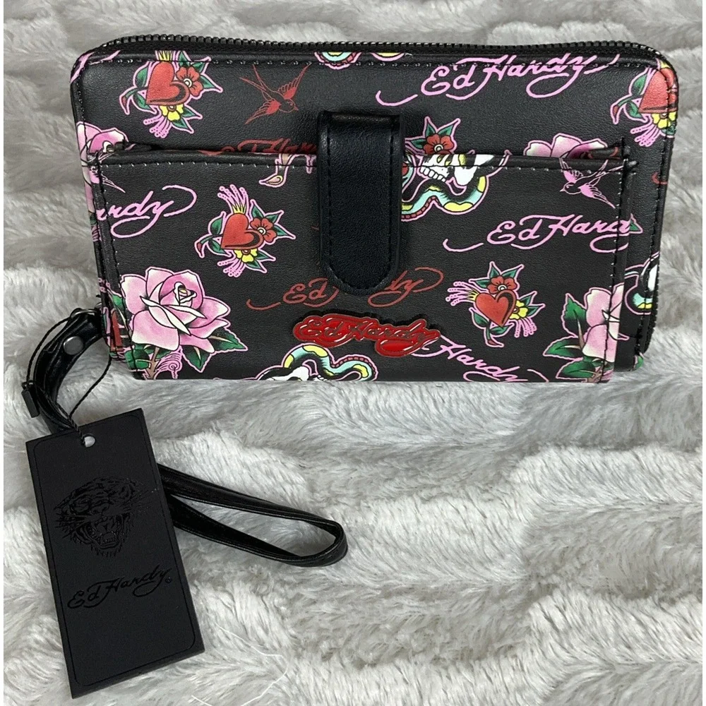 Ed Hardy Women's Zip Around Wallet Black Pink Hearts Roses Skull Tattoos Y2K NWT